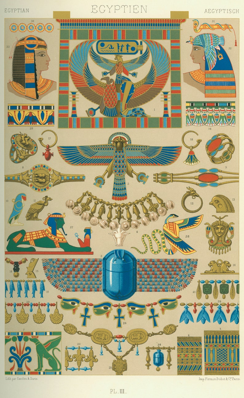 May include: A vintage illustration of Egyptian art and design. The image features a variety of motifs, including a winged sun disk, a scarab beetle, a snake, and a variety of jewelry and decorative elements. The image is labeled "Egyptian" in English, "Egyptien" in French, and "Aegyptisch" in German.