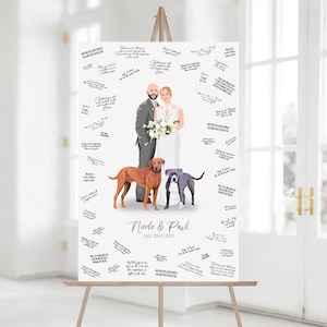 Wedding Guest Book Alternative, Personalized Wedding Portrait, Custom Wedding Illustration, Couple with 2 Pets Portrait, Wedding Gift