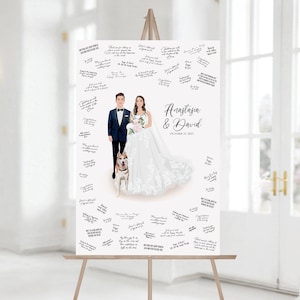 Libro de visitas para bodas, retrato de boda, ilustración de boda personalizada, retrato de pareja con mascota, libro de visitas único, tablero de registro de bodas
