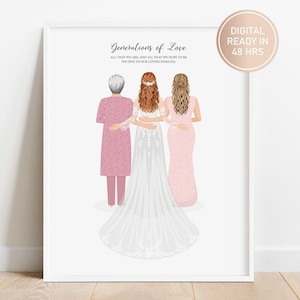 Personalized Bride Mother Grandmother Portrait, 3 Generations Custom Print, Mother and Grandma of the Bride Gift, Wedding Gift from Daughter