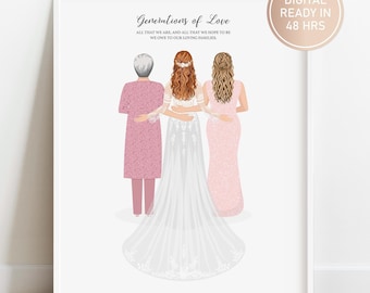 Gepersonaliseerde portret bruid moeder grootmoeder, 3 generaties custom print, moeder en oma van de bruid cadeau, huwelijkscadeau van dochter