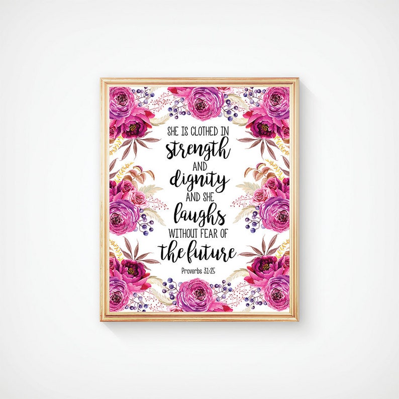 Bible Verse Art Printable She is clothed in strength and | Etsy
