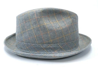 Vintage 1950's Blue Gray Plaid Fedora Trilby Union Made Snappy Dresser Mens Hat