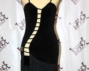 Black Fringed Latin Dance Dress, Sleeveless Tango Gown