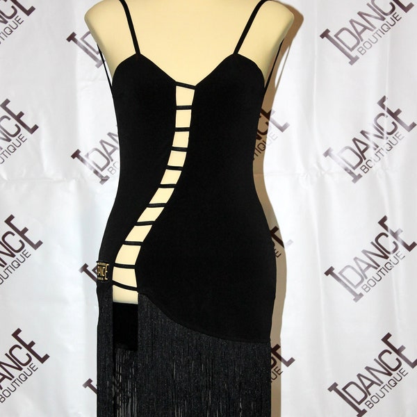 Black fringed latin dance dress. Sleeveless ballroom sports dress. Tango dress with high slit. decoltee latin dance dress