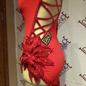 Red Latin dance competition dress with stones