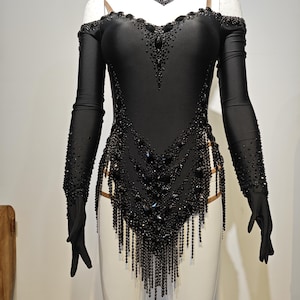 Pre-Owned Black Latin Dance Dress – Stoned with Sew-On & Glue-On Stones – Competition Ready