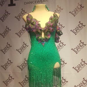 green Latin dance competition dress with stones