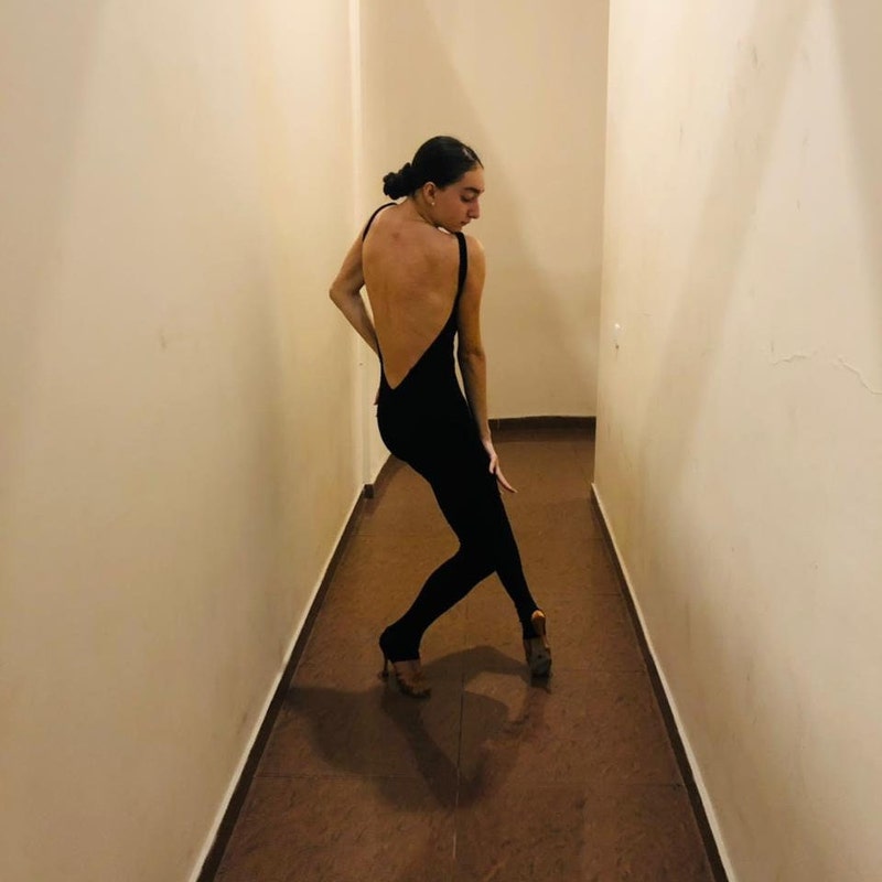 Black Dance Leotard - High Neck Long Sleeve Backless Latin Dance Bodysuit with Built-In Bra