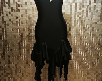 Black Fringe Workout Dress – Deep Cut Back, Front Cut, Sleeveless, with Ruffles & Fringes