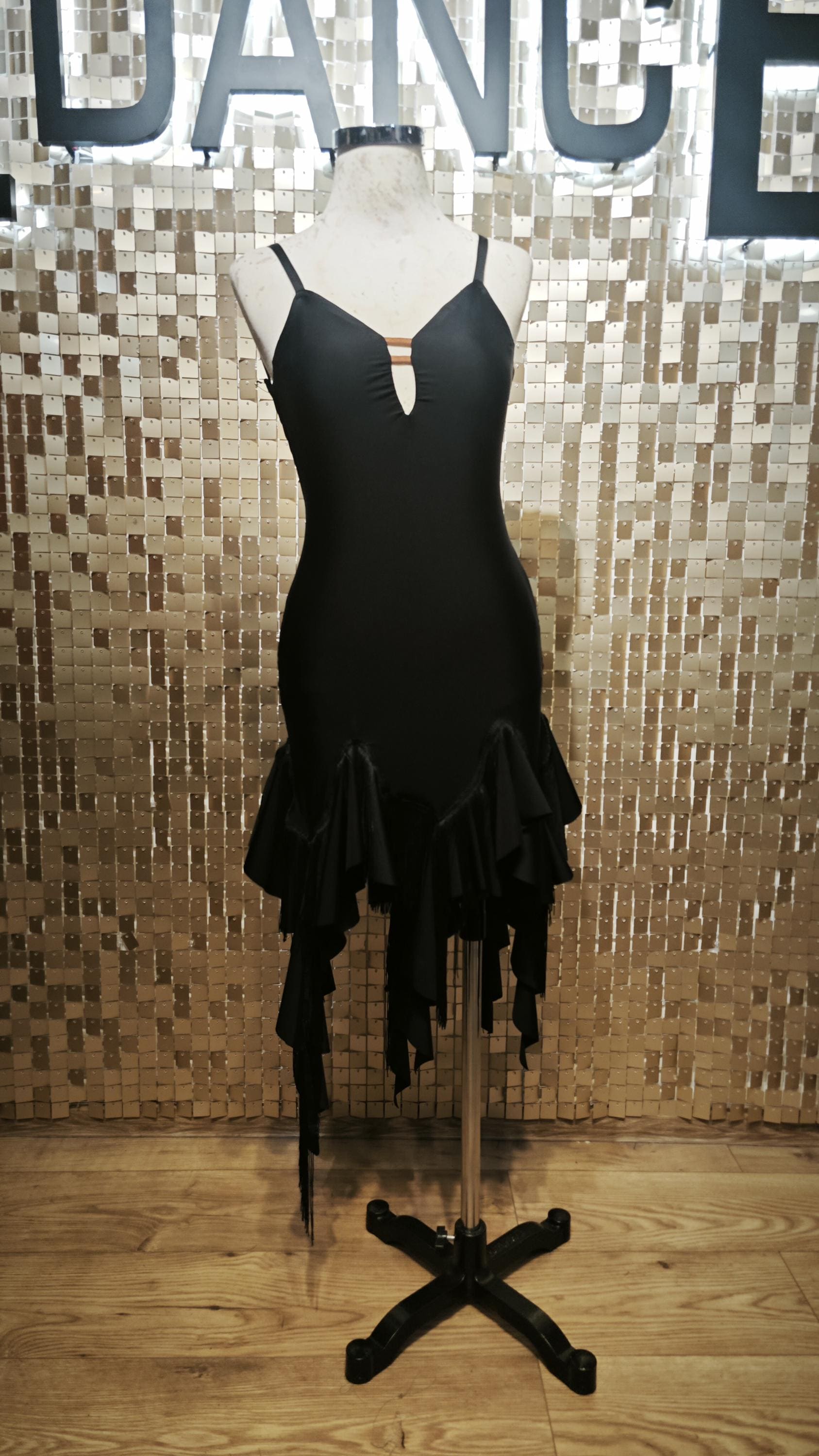 Black Fringe Workout Dress – Deep Cut Back, Front Cut, Sleeveless