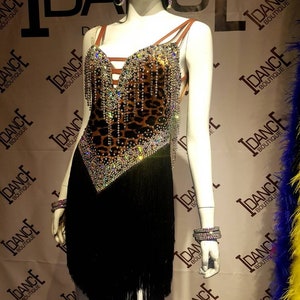 Leopard black Latin dance competition dress with stones dress with fringes