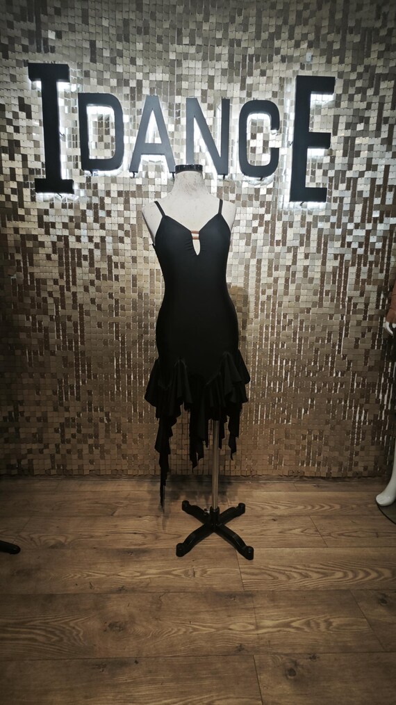 Black Fringe Workout Dress - Deep Cut Back, Front Cut, Sleeveless, with Ruffles & Fringes