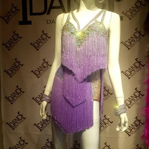 Purple Latin dance competition dress with stones