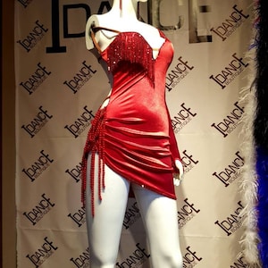Red Latin dance competition dress with stones