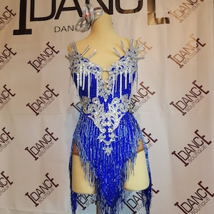 Blue Latin dance competition dress with stones