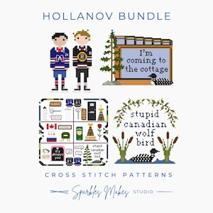 Peut inclure: Ensemble de patrons de point de croix sur le thème canadien. Les motifs incluent des joueurs de hockey pixélisés, une pancarte avec l'inscription "I'm coming to the cottage" et d'autres icônes. Les motifs comportent des éléments textuels.