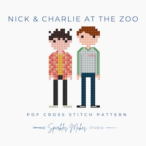 May include: A digital cross stitch pattern featuring two pixelated figures. One figure wears a pink and yellow jacket, black pants, and has dark hair. The other figure wears a white shirt with green stripes, blue pants, and has brown hair. Text reads "Nick & Charlie at the Zoo."