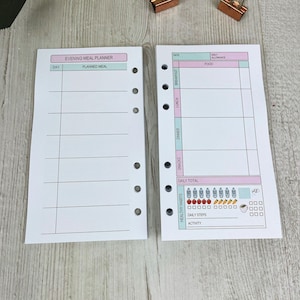 May include: A printable planner page with a pink and green colour scheme. The left side is for meal planning with the heading "Evening Meal Planner" and the right side is for tracking daily food intake and healthy habits. The page includes sections for breakfast, lunch, dinner, snacks, daily total, daily steps, and activity.