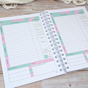 Puede incluir: Una agenda diaria con encuadernaci&oacute;n en espiral y p&aacute;ginas blancas con encabezados en verde pastel y rosa. El dise&ntilde;o incluye secciones para el seguimiento de alimentos, agua, frutas y verduras, pasos, actividad, estado de &aacute;nimo y notas diarias.