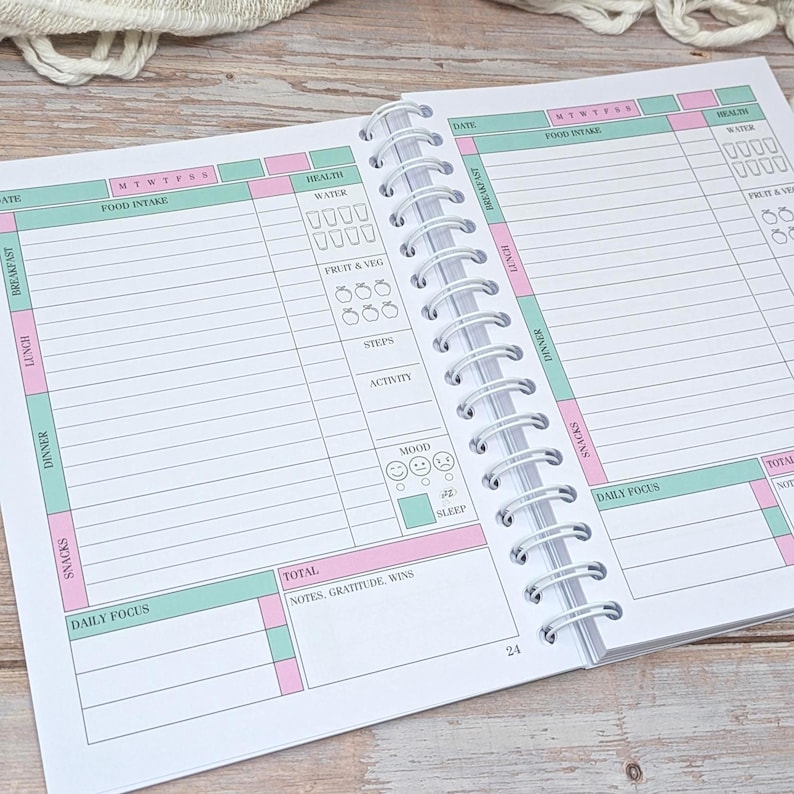 Puede incluir: Una agenda diaria con encuadernaci&oacute;n en espiral y p&aacute;ginas blancas con encabezados en verde pastel y rosa. El dise&ntilde;o incluye secciones para el seguimiento de alimentos, agua, frutas y verduras, pasos, actividad, estado de &aacute;nimo y notas diarias.