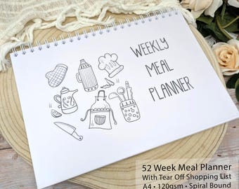 Planificador de comidas minimalista A4 con lista de compras desprendible, 52 semanas, encuadernado en espiral