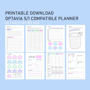 May include: Printable planner designed for the Optavia 5/1 diet plan. The planner includes sections for tracking weight, meals, weekly goals, and a weekly summary. The planner is available in A5 or half letter size.