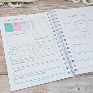 Puede incluir: Una p&aacute;gina de agenda con encuadernaci&oacute;n en espiral que presenta un dise&ntilde;o de reflexi&oacute;n semanal con secciones para resultados, desaf&iacute;os, cuidado personal y gratitud. La p&aacute;gina incluye bordes en verde pastel y rosa, un rastreador de estado de &aacute;nimo con caras y el texto Change begins with a single thought.