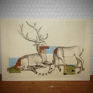 Ancient postcard embroidered with cross stitch - Le Cerf and la Biche