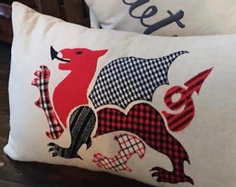 Traditional Welsh Wool fabric - Welsh Dragon cushion, St Davids Day (Handmade souvenir from Wales) St David’s Day gift