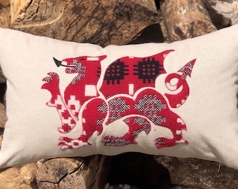 Welsh collection - Welsh Dragon cushion using Melin Teifi Welsh wool blanket. Clustog Draig.