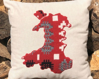 Welsh collection - Map of Wales cushion using Melin Teifi Welsh wool blanket.  Clustog Map o Gymru.