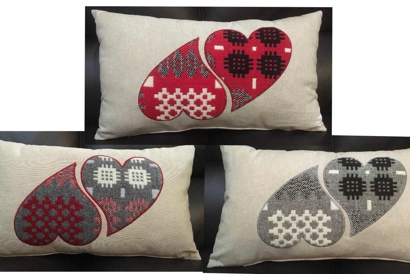 Applique Cariad love cushion.  Santes Dwynwen Welsh Valentine cushion