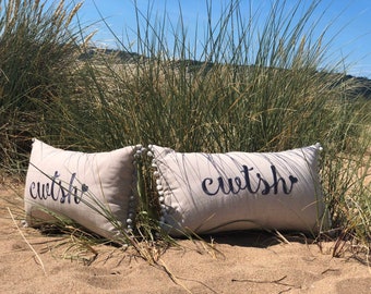 Cwtsh cushion (welsh cwtch)  linen embroidered with pom-poms (sold individually)