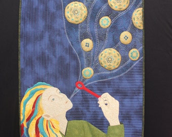 Blowing Bubbles, joyful, playful, art quilt