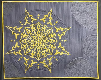 Mandala art quilt in yellow and gray