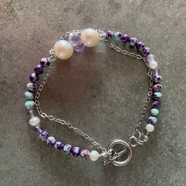Imperial Jasper, Pearl and Amethyst Bracelet with Toggle Clasp, Stainless Steel, gift boxed