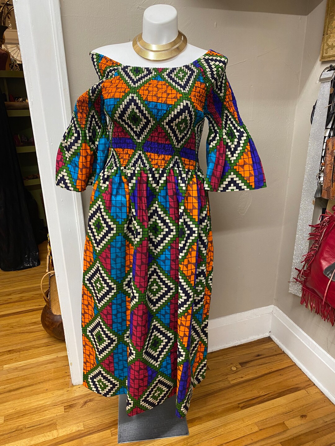 Smocked Printed Wide Strap Maxi Dress
