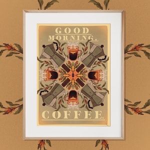 Puede incluir: Una ilustración de estilo vintage de cafeteras y tazas de café dispuestas en un patrón circular. El texto "GOOD MORNING. COFFEE." está en la parte superior e inferior de la imagen.