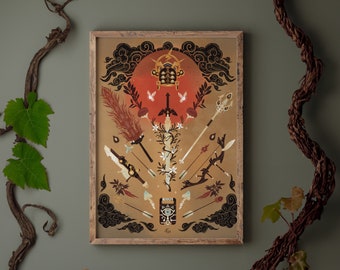 May include: A framed print with a colorful illustration of a sword, a bow and arrow, a staff, and other weapons surrounded by flowers and clouds. The print has a brown frame and a white background.