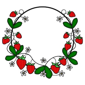 Op de afbeelding: Een zwart rond frame met een krans van groene bladeren en rode aardbeien. Witte bloemen zijn verspreid over de krans.