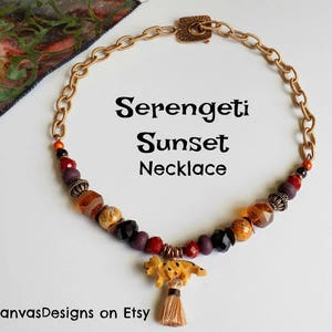 Serengeti Sunset Beaded Necklace, African Necklace, Cheetah Necklace, Purple Red Orange Tones, Fiber Cord Chain, Gifts For Her