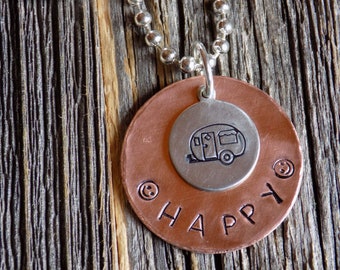 Happy Camper, Camping Necklace, Inspirational Jewelry, Stamped Copper Necklace, Charm Necklace, Copper Charm, Summer Jewelry