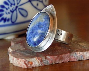 Chunky Sodalite Gemstone Stamped Ring, Fun Statement Ring, Stamped Sterling Silver Ring, Blue Sodalite Ring