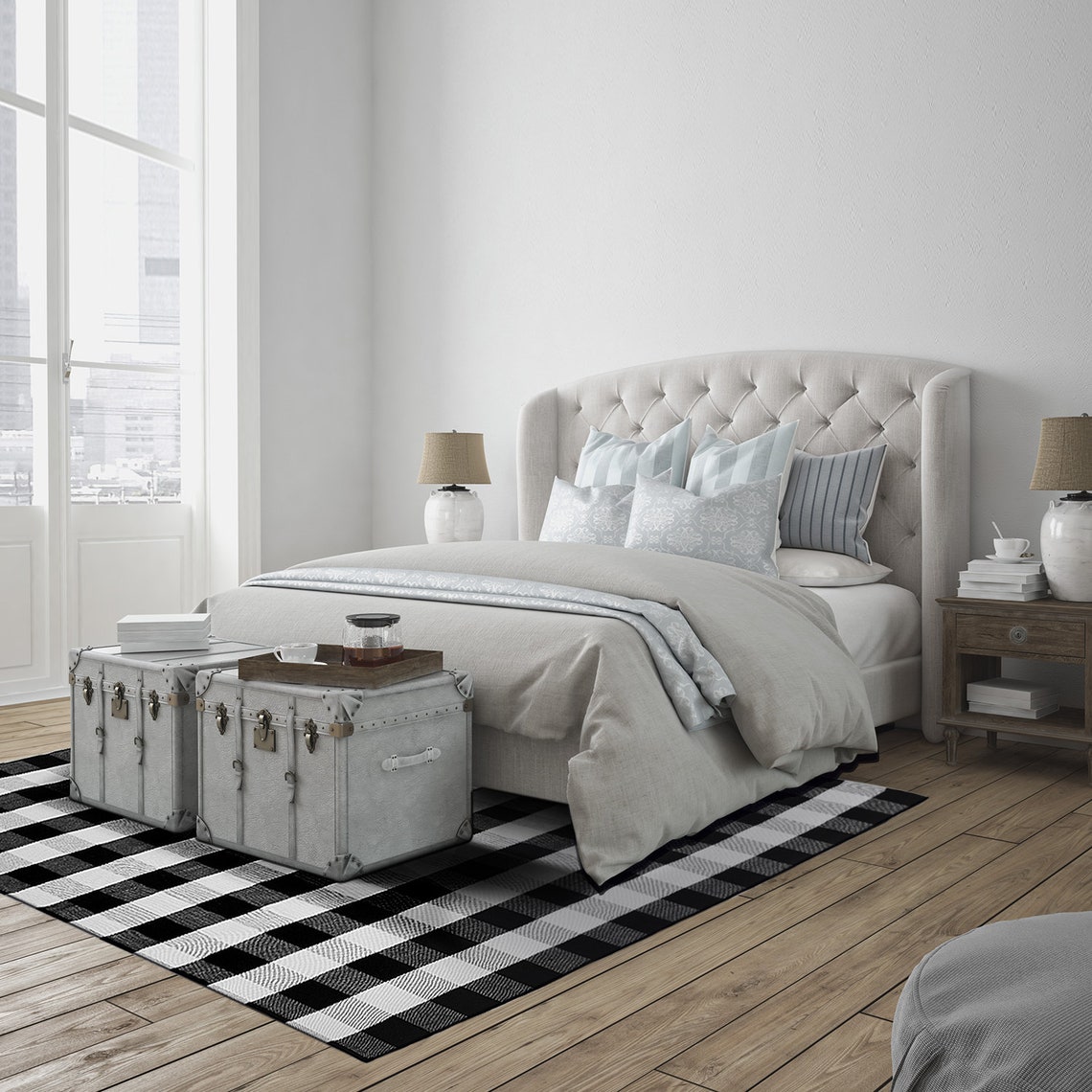 Cotton Black and White Area Rug Buffalo Plaid Check Rug Etsy