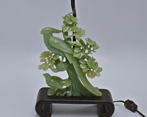 Chinese Green Jade Carving Lamp, Asian Jade Bird Carving