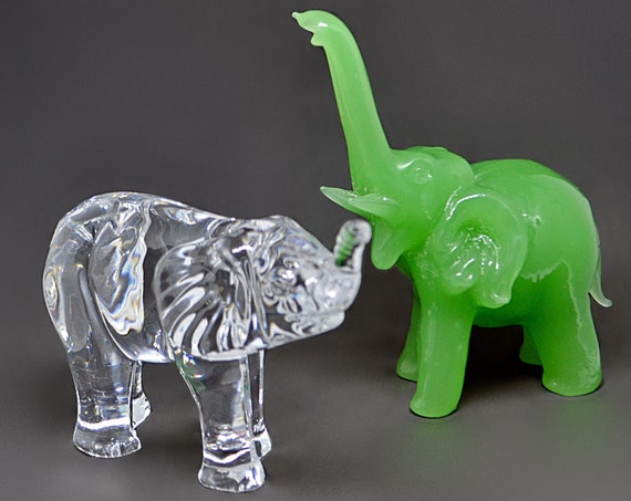 Two Glass Elephant Figurines, Waterford Crystal, Jadeite Glass Elephant