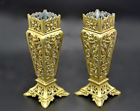 Antique Cast Metal Brass Vases, Vintage Pierced Vase