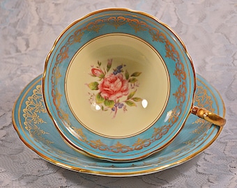 FREE SHIPPING Aynsley Teacup And Saucer, 6805,Turquoise, Pink Rose, Vintage Cup And Saucer