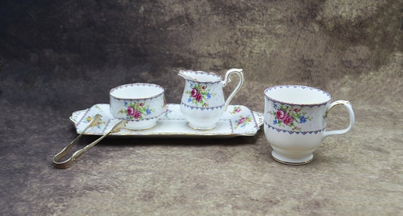Royal Albert Petit Point, Creamer and Sugar Bowl Set With Sterling Tongs, Tray, Coffee Cup, Mother's Day Gift